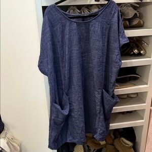 Blue Linen-Blend Pocket Tunic Dress - Women's